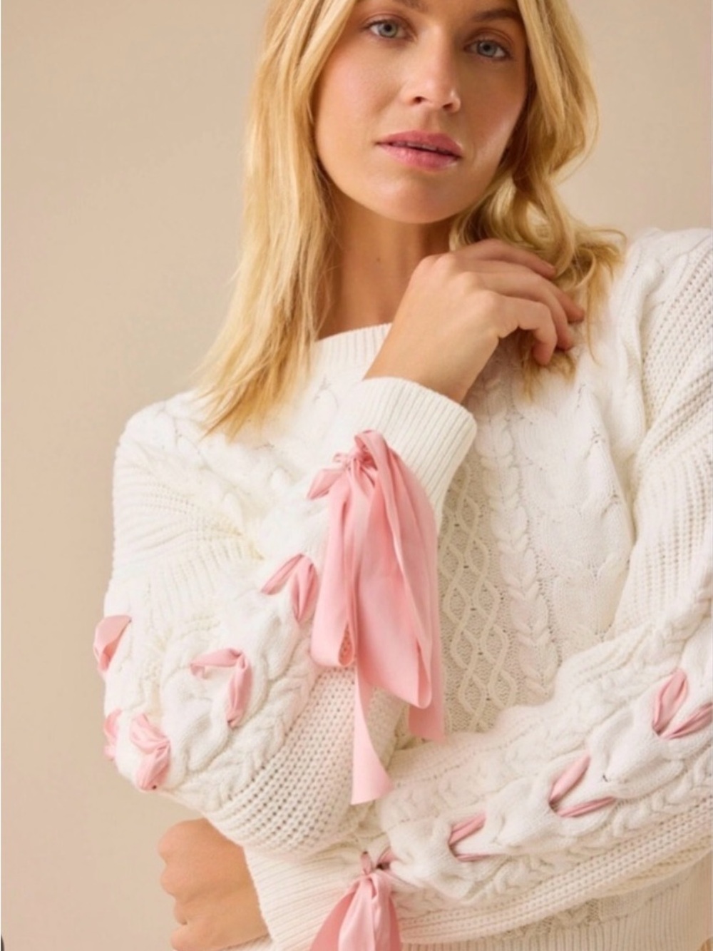 Altar'd State Cream Cable Knit Sweater with Ribbon Sleeve Detail